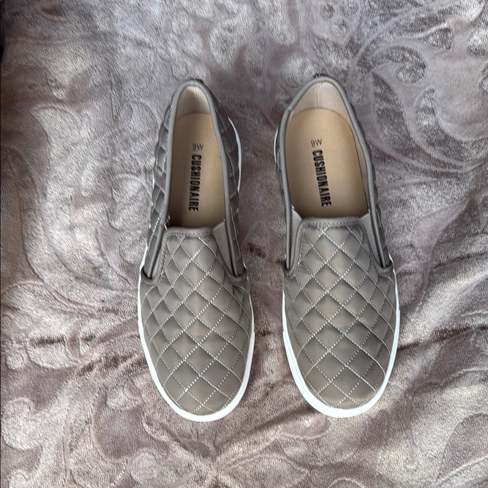 Gray Quilted Slip-On Flats with White Soles